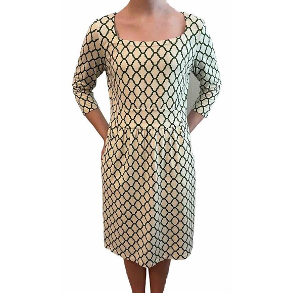 J Mclaughlin Ivory Green Scoop Neck 3/4 Sleeve Catalina Cloth Sheath Dress Small - Picture 2 of 8